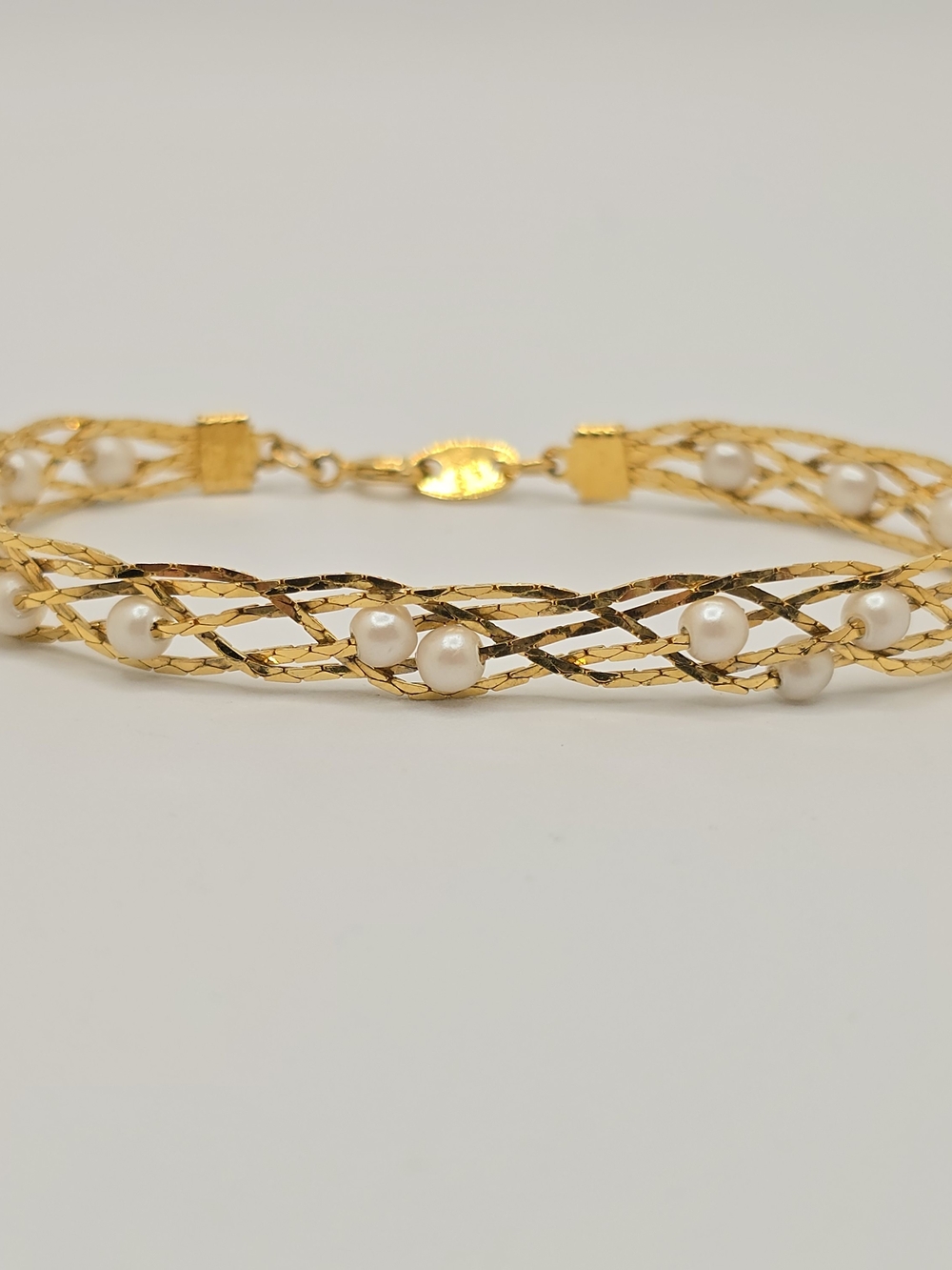 VTG Avon Bracelet Tone Braided Faux Pearl 7" Textured Multi Strand